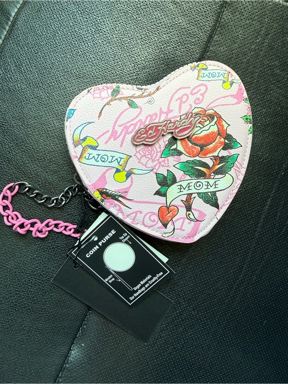 Ed Hardy Pink Heart-Shaped 'Mom' Wristlet Coin Purse